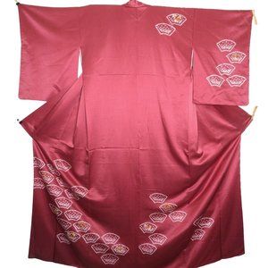 Japanese Kimono Silk Houmongi Vintage Rose Pink Fans Embroidery Floral 62in